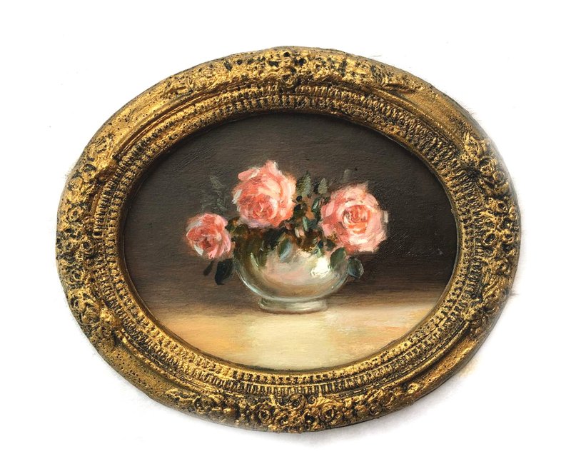 Framed Flower Painting Victorian Gold Gift Small Original Oil antique wall decor - 壁貼/牆壁裝飾 - 其他材質 粉紅色