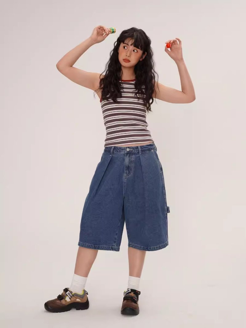 odd maker Japanese retro loose denim shorts women's summer small thin straight pants shorts - กางเกงขาสั้น - ผ้าฝ้าย/ผ้าลินิน 