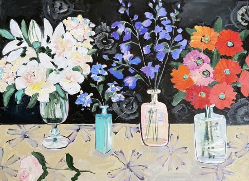 Peonies and Zinnias, Oil painting on canvas, Fauvism art, Matisse inspired, Deco - 壁貼/牆壁裝飾 - 其他材質 黑色