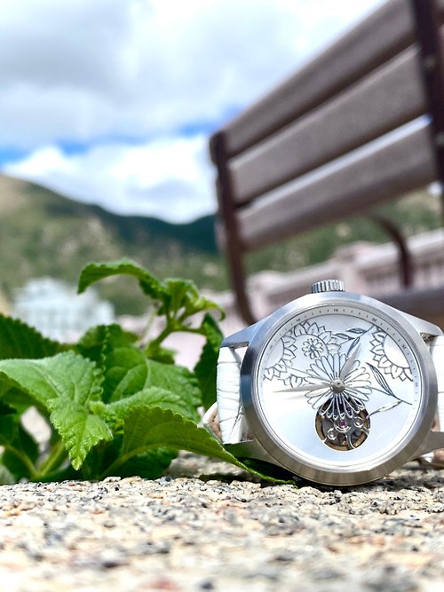 Watchmake HK 清新森系金屬浮雕錶盤/日本製機械錶/鏤空機芯