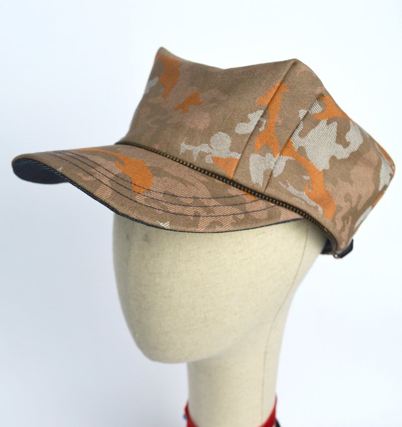 牛仔迷彩緹花裝飾古銅色拉鏈齒邊 八角彎簷帽 - 帽子 - 聚酯纖維 咖啡色