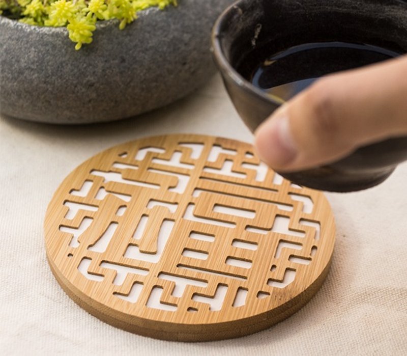 【Into the house gift】 good blessing ┇ hot water absorption bamboo coasters - Coasters - Bamboo Brown