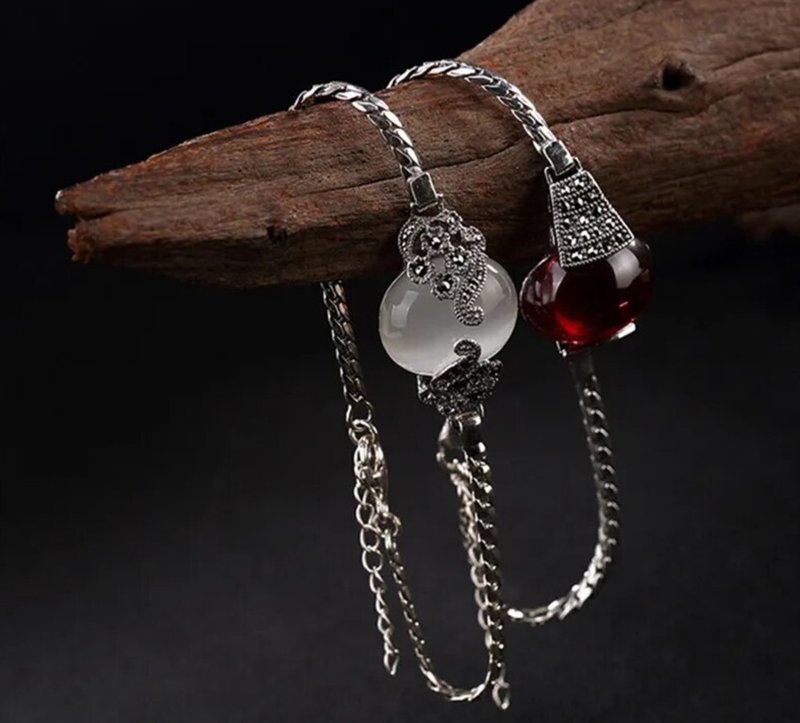925 Silver Fine Jewelry Marcasite Ethnic Thai Silver Bracelets Women Nature Opal - 手鍊/手環 - 純銀 多色