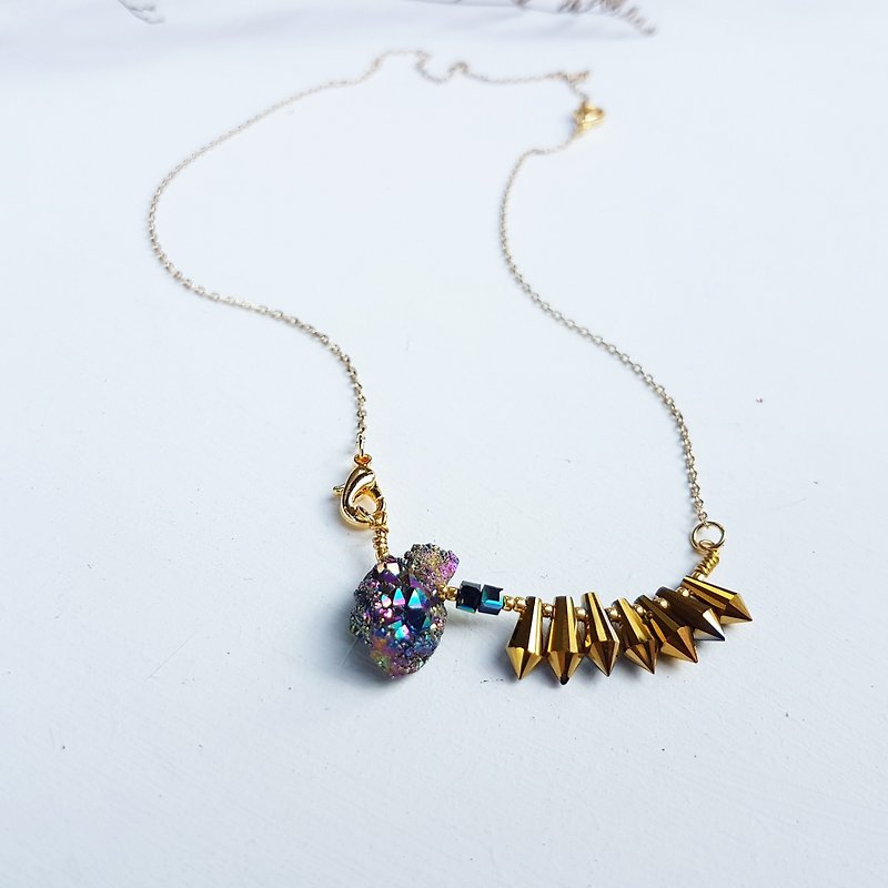 Exclusive-Galaxy Starry Sky_Bronze Gold Rivet Crystal x Rainbow Color Quartz Stone Hand Necklace Dual-use Design - Necklaces - Gemstone Gold