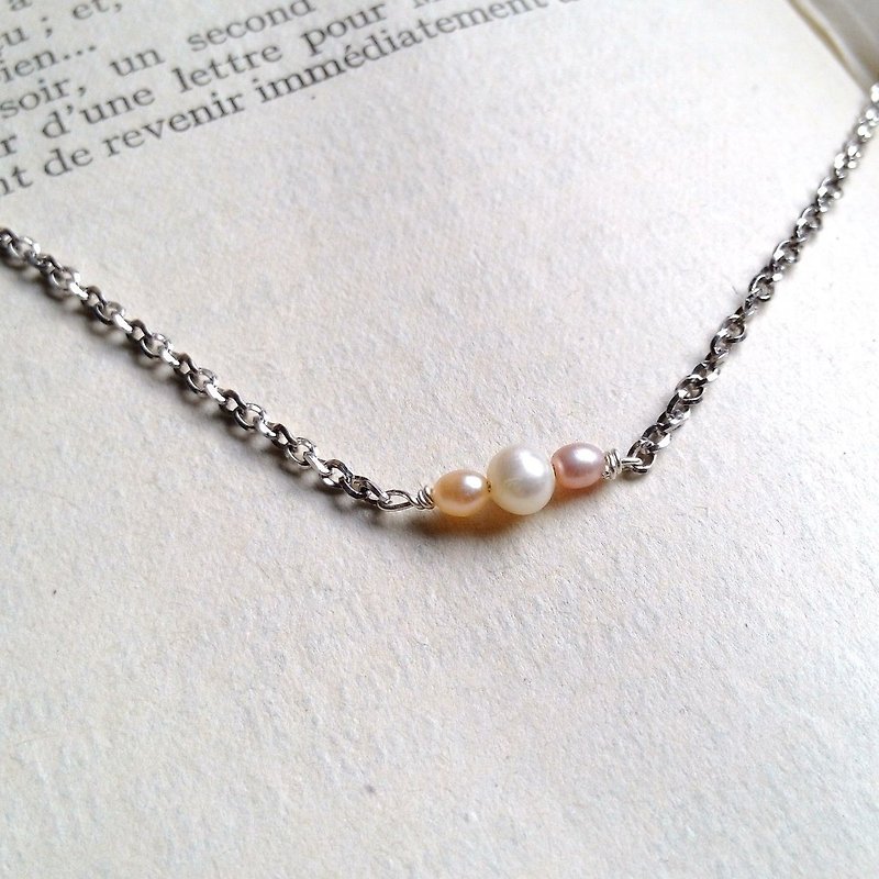 Limited one-three-color pearl sterling silver necklace - สร้อยคอ - เครื่องเพชรพลอย สีทอง