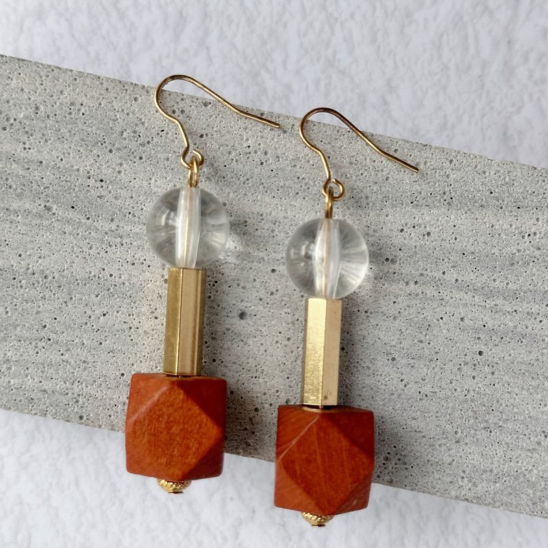Geometric wooden block transparent beads metal hexagonal post ear hook long earrings - ต่างหู - ทองแดงทองเหลือง สีนำ้ตาล