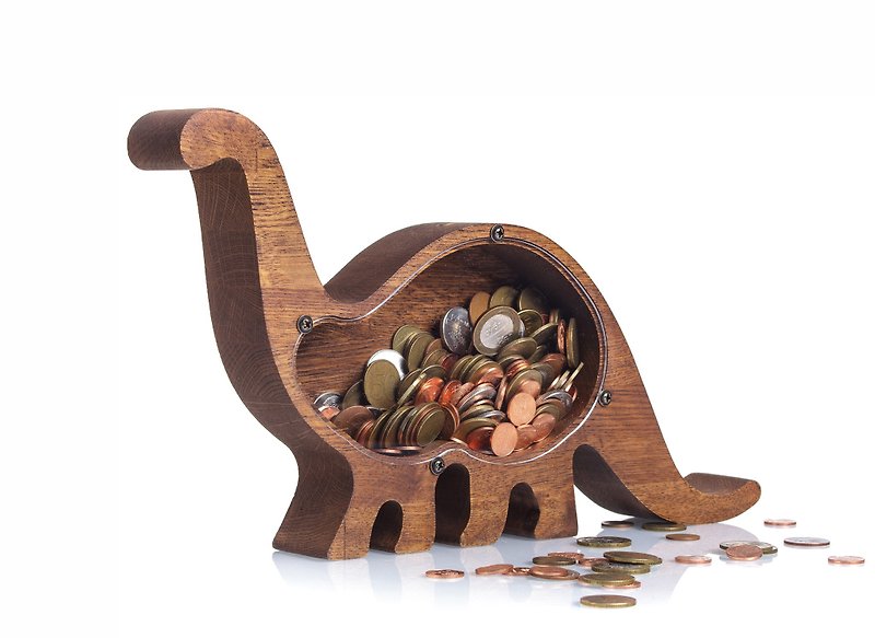 Dinosaur wood piggy bank Vacation adventure fund savings Clear coin bank - กระปุกออมสิน - ไม้ 