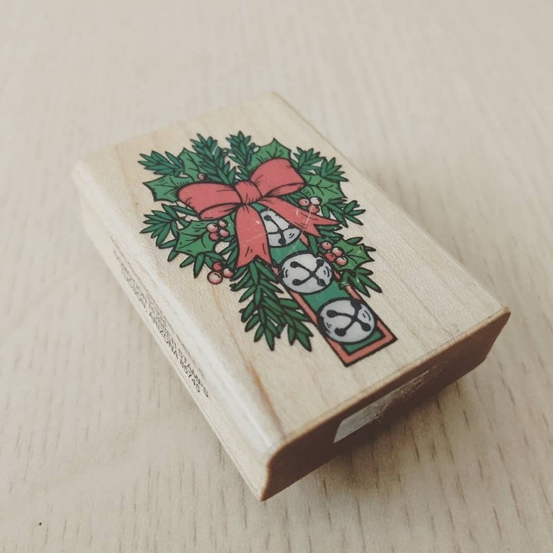 美國1994年 Comotion 橡皮木質印章-聖誕節系列-槲寄生鈴鐺裝飾 - 印章/印台 - 木頭 卡其色