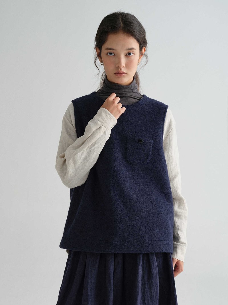 深藍針織羊毛小口袋百搭套頭背心馬夾 - 背心/無袖上衣 - 棉．麻 紫色