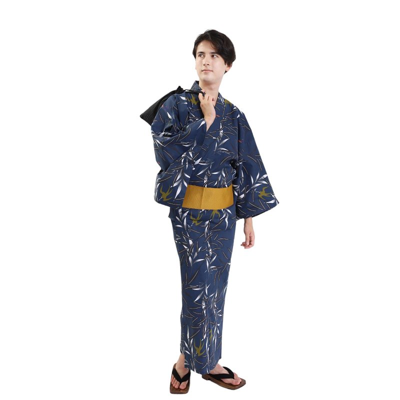 Men's cotton yukata and obi 2-piece set L size Z35-c1 yukata - Other - Cotton & Hemp Blue