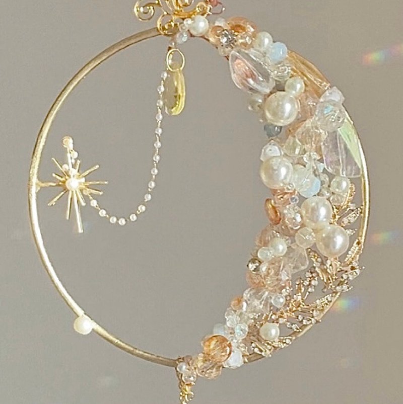 A sun catcher with a gentle pearl-like glow of the moon, made of stained glass - Other - Glass Gold