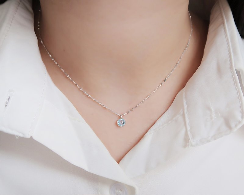 925 sterling silver sky blue Stone round diamond bevel chain point chain necklace clavicle chain - Necklaces - Sterling Silver White