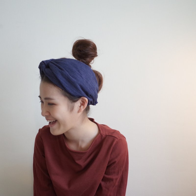 Blue stone turban hat elastic pole Wide / handmade hair band - เครื่องประดับผม - ผ้าฝ้าย/ผ้าลินิน สีน้ำเงิน