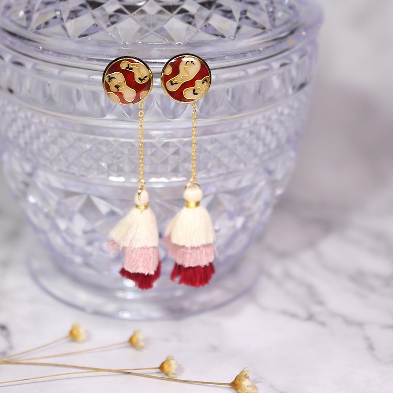 100% handmade cloisonné gold wire enamel earrings - Earrings & Clip-ons - Semi-Precious Stones Red