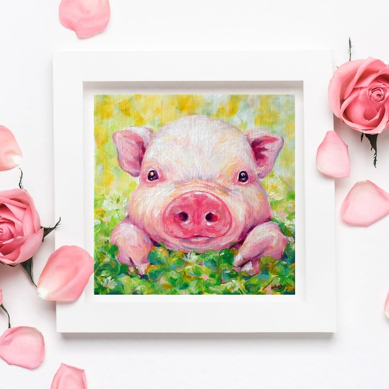 【1点物原画】豚　子豚　ぶたの絵画　幸運　日本の画家　日本製 - ポスター・絵 - アクリル ピンク