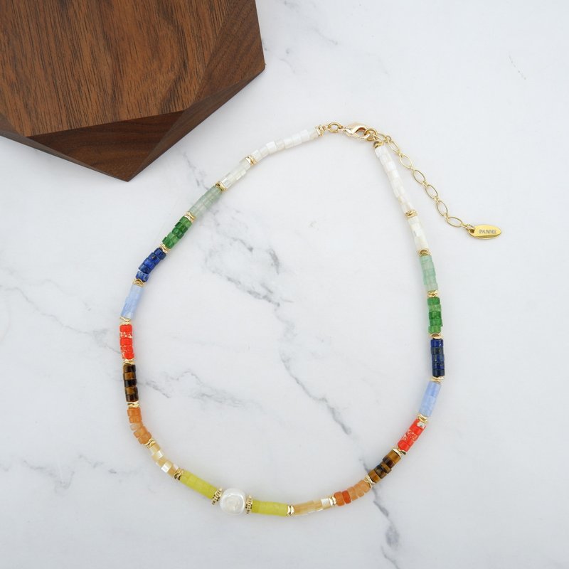 Multi Stone bead and shell short tube short necklace - Necklaces - Stone Multicolor