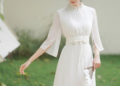 初蟬 新中式 白色禪意雪紡飄逸氣質洋裝
