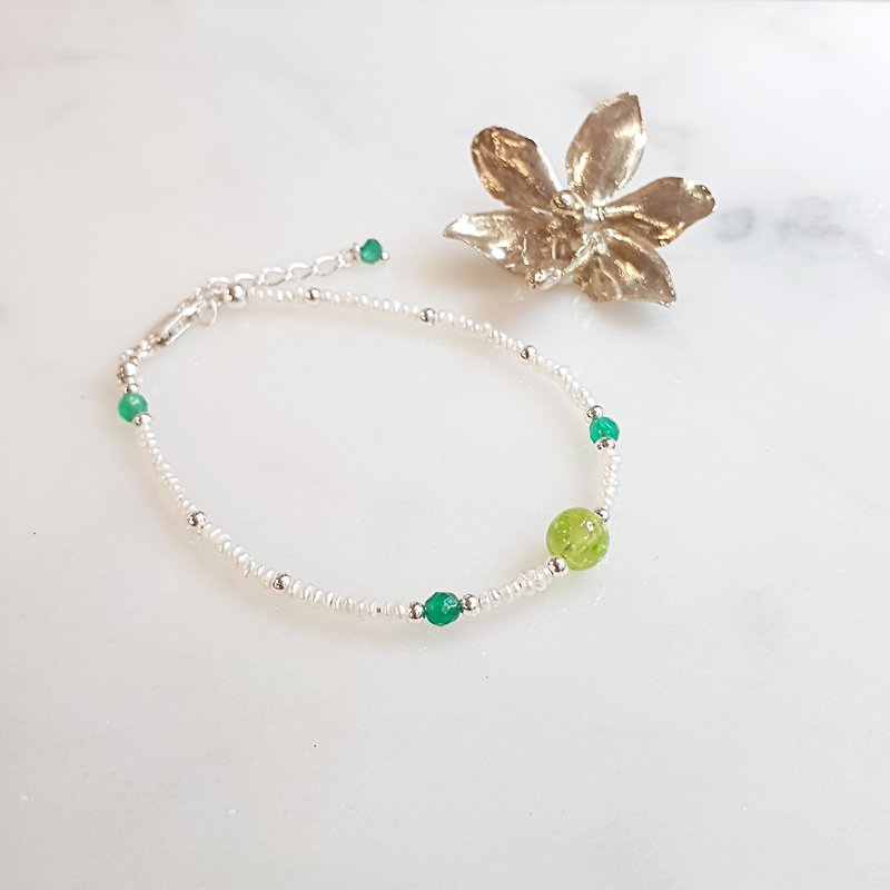 Small pearl - natural pearl / olive Stone/ green agate sterling silver bracelets - Bracelets - Gemstone Green