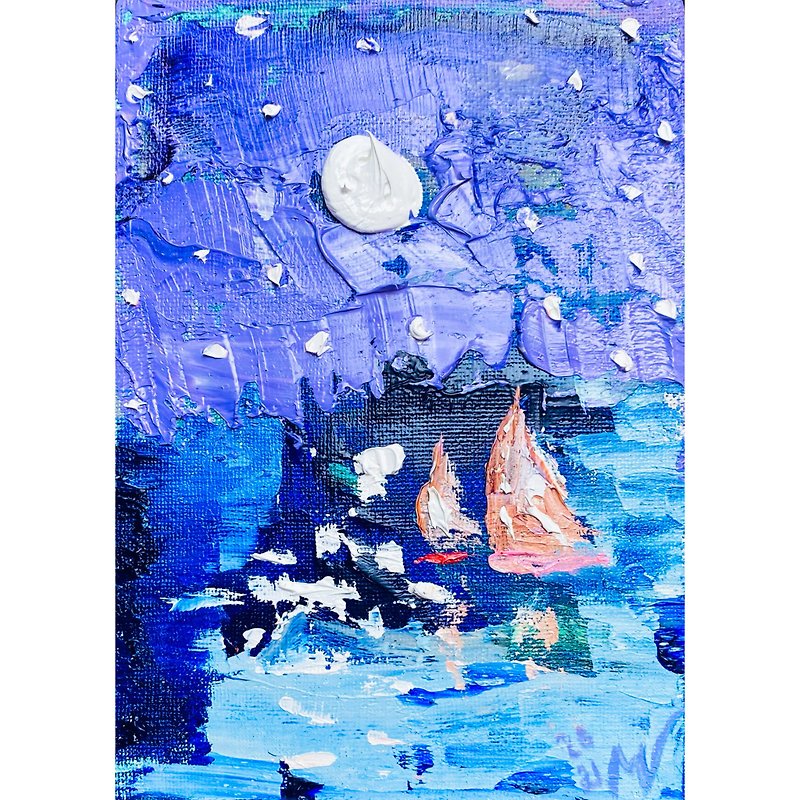 ヨット絵画ボートオリジナルアート小さな油絵海景ウォールアートオーシャン - ポスター・絵 - その他の素材 ブルー