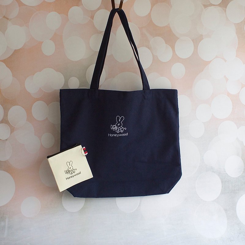 Honeywood Navy Blue Canvas Bag + Coin Purse Gift Bag - กระเป๋าแมสเซนเจอร์ - ผ้าฝ้าย/ผ้าลินิน สีน้ำเงิน