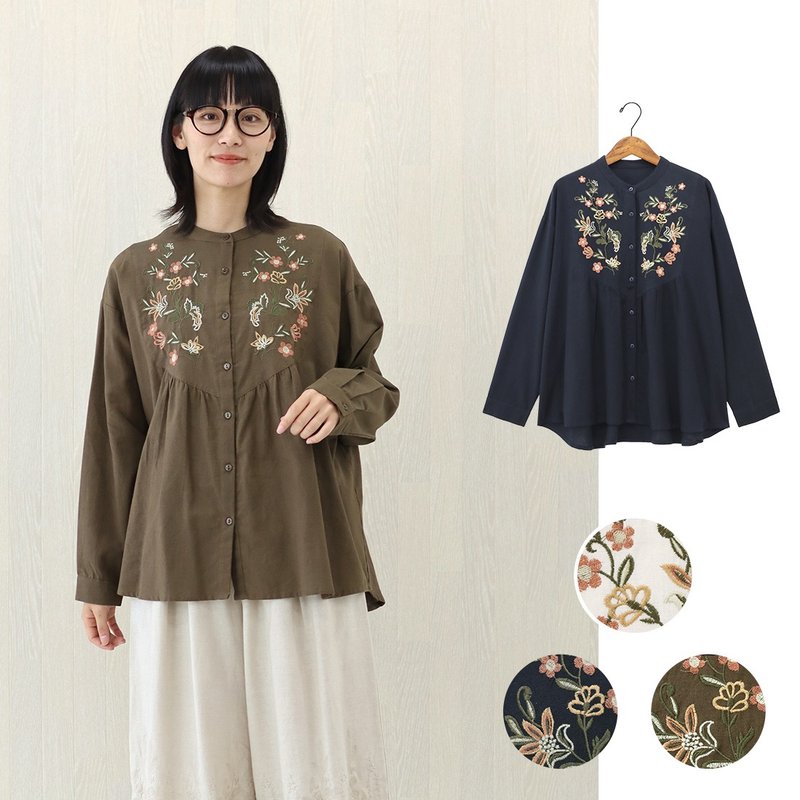 【預訂】印度製 仿古刺繡亞麻襯衫 - 女上衣/長袖上衣 - 棉．麻 卡其色