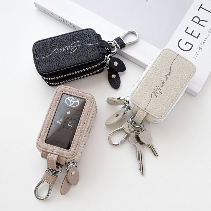 Smart key case with 2 pieces [Double name engraved] Dull color key case with text HE07U - ที่ห้อยกุญแจ - หนังแท้ สีดำ