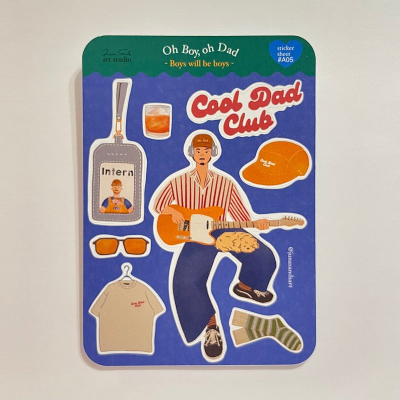 ギタークールパパステッカーセット - 手帳、ステッカー、イラストレーション、ギフト、父の日、プレゼント - ステッカー・シール - 紙 ブルー