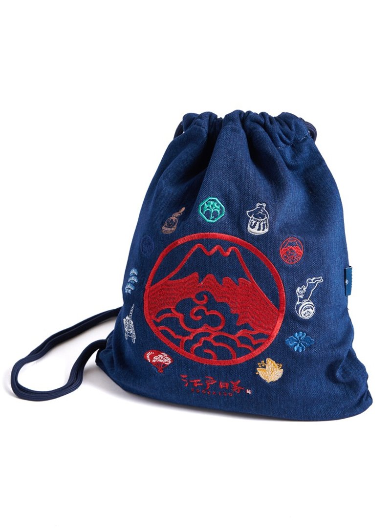 Edo wins Japanese Mount Fuji tannin style beam bag-neutral (pull and wash blue) #包包#拍档 - Drawstring Bags - Cotton & Hemp Blue