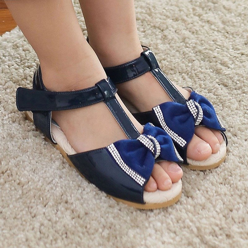 (Special offer) Shining bow T-shaped sandals-blue ocean - รองเท้าเด็ก - หนังแท้ สีน้ำเงิน