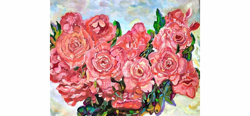 Rose Art  , Original Oil Painting , Floral Art , Textured painting 40 x 60 sm. - โปสเตอร์ - วัสดุอื่นๆ สึชมพู
