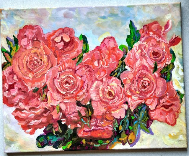古　カラフル　薔薇　花の絵　アート　油絵?　絵画　アンティーク　作者不明 古 カラフル 薔薇 花の絵 アート 油絵? 絵画 アンティーク 作者