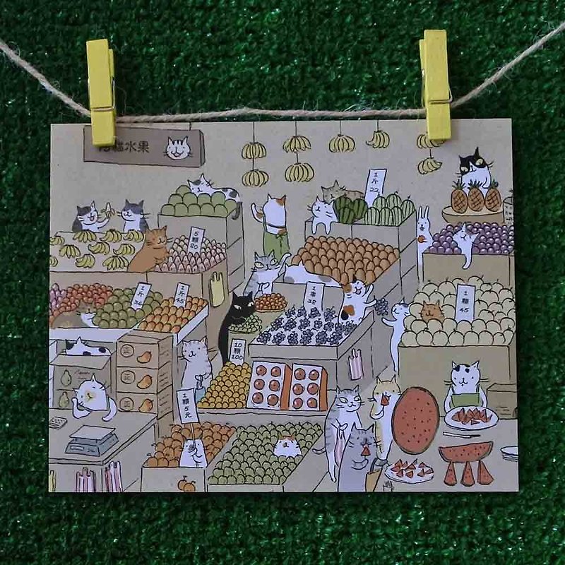 3猫ショップの猫イラスト入りポストカード（画家：ミスキャット）–ミャオフルーツショップ - カード・はがき - 紙 