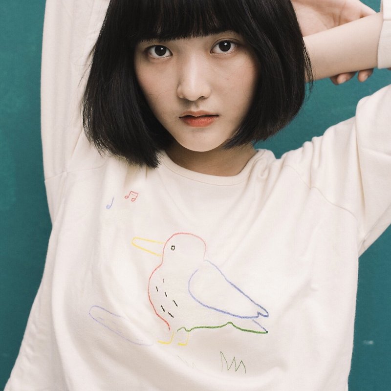 Simple Melody - Bird / Long Sleeve Shirt Top - T 恤 - 棉．麻 白色