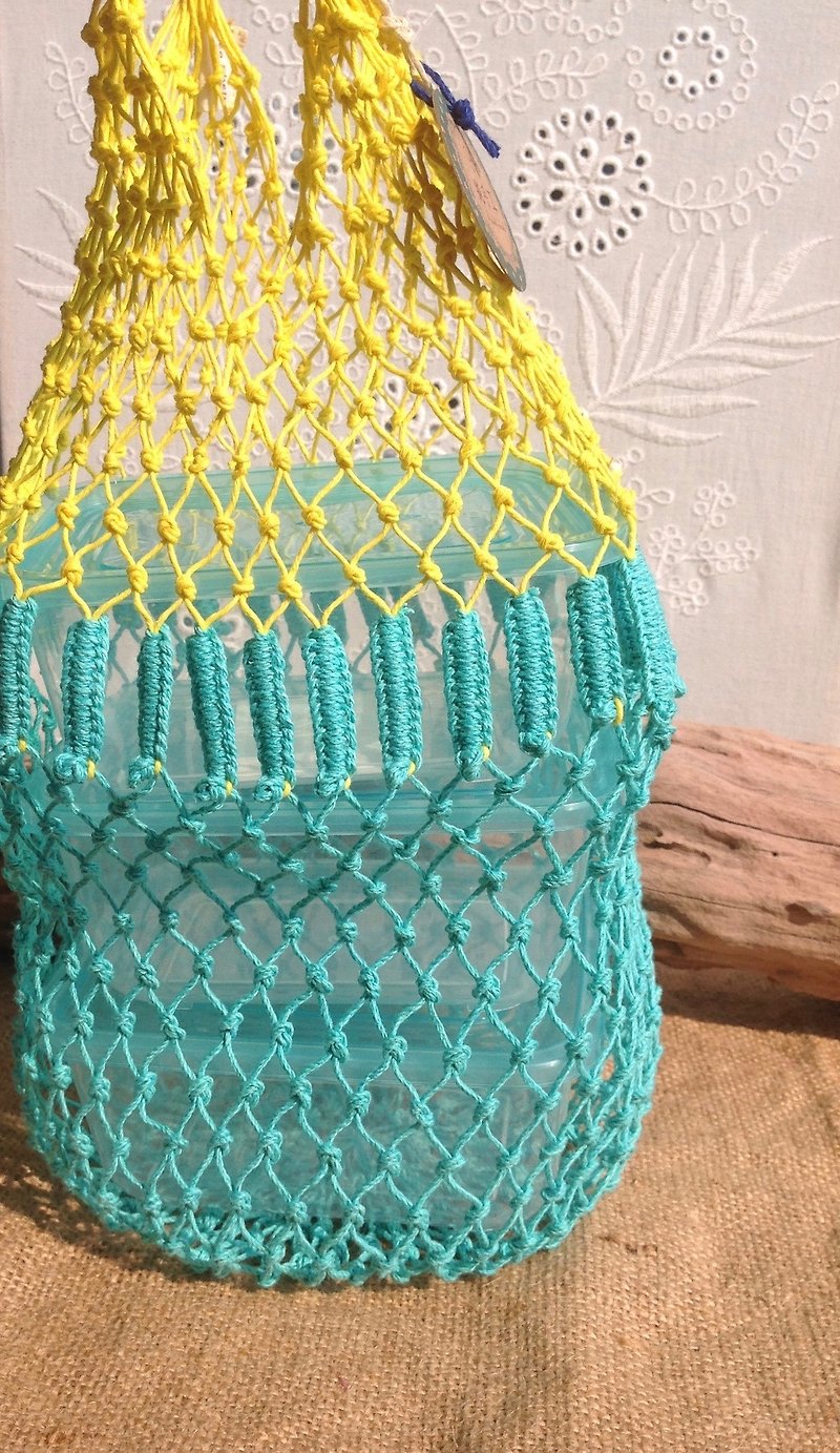 美國麻線手工編織環保-花邊-土耳其藍和銘黃色-便當盒-水果-雜貨 - 飲料提袋/杯袋/杯套 - 棉．麻 