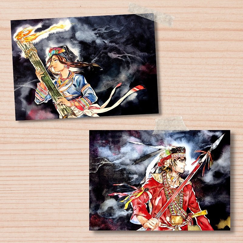 [Curly Beard Studio] Tsou Clan War Festival Impression Watercolor Reproduction Postcard - Cards & Postcards - Paper 