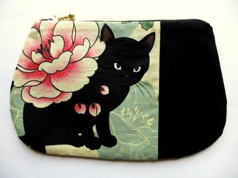 Black Cat Japanese pattern flat pouch * cream A - กระเป๋าเครื่องสำอาง - ผ้าฝ้าย/ผ้าลินิน สีเหลือง