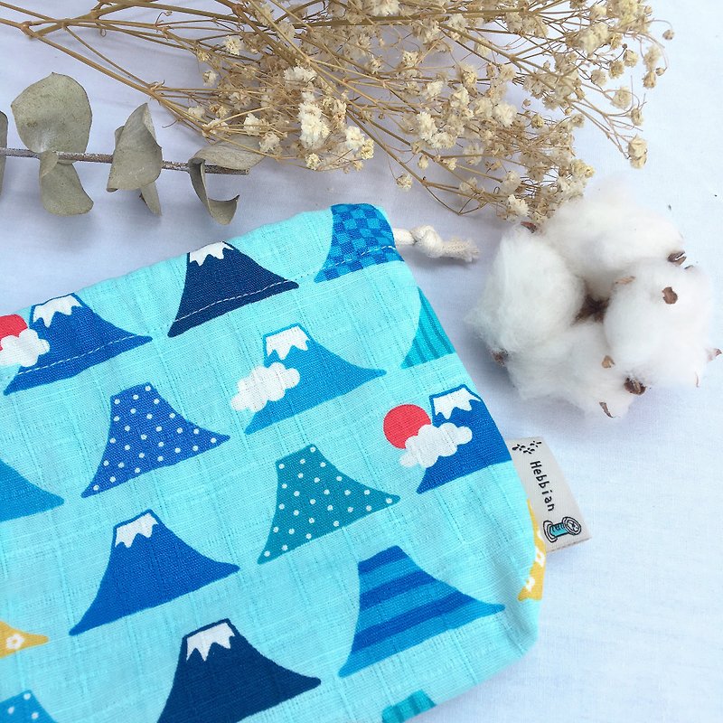 日本富士山 - 束口袋 - 米色 藍色 | 海柏手作 - 化妝袋/收納袋 - 棉．麻 藍色