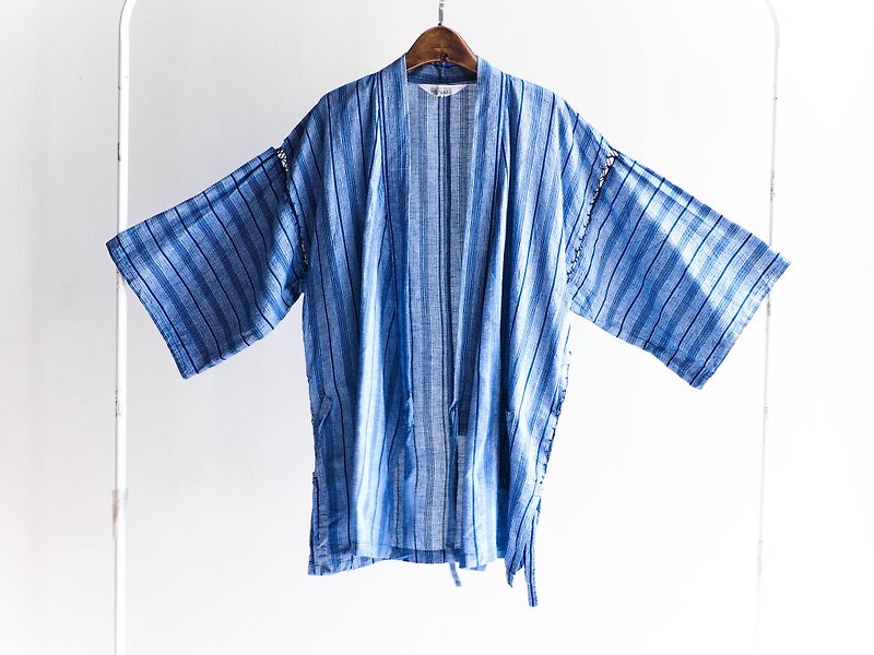 河水山 - 福島清清靛藍直條趣味青春夢 日本古董和服外套 甚平 羽織 古著 kimono - 女上衣/長袖上衣 - 棉．麻 藍色