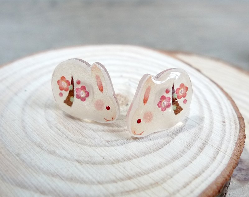 Misssheep - Rabbit - watercolor hand-painted rabbit style hand-made earrings (ear pin / reversible ear clip) a pair - Earrings & Clip-ons - Plastic 
