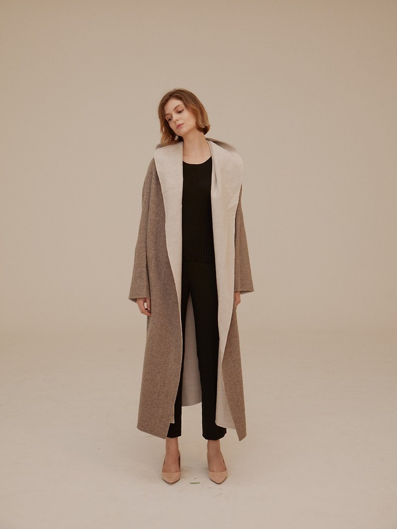 Cashmere hooded wool long coat/two-tone - Women's Casual & Functional Jackets - Wool Khaki