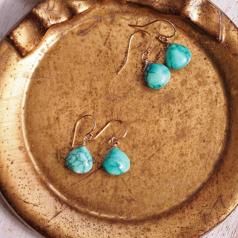 14KGF Turquoise Heart Shape earrings - ต่างหู - เครื่องเพชรพลอย สีเขียว