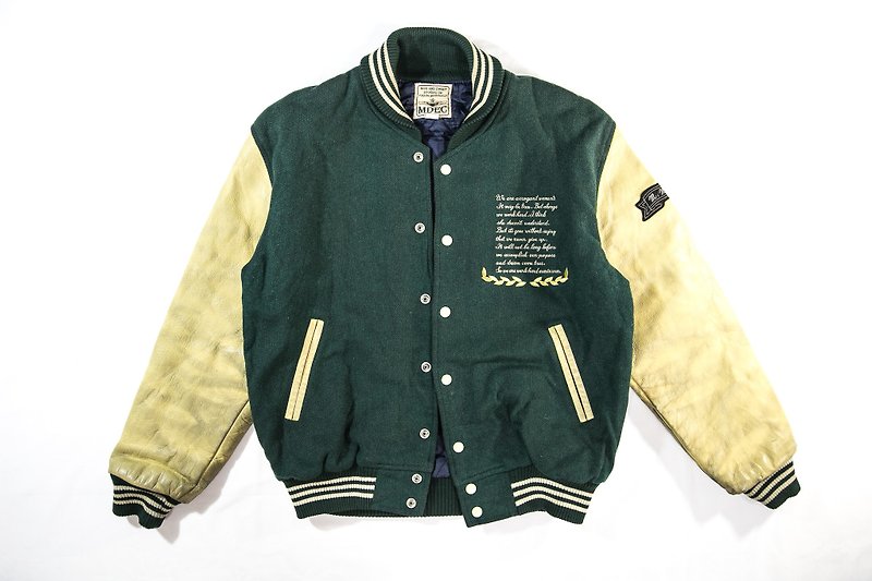 [3thclub Ming Ren Tang] leather sleeve baseball jacket wool green chiefs BSE-004 vintage Japanese - เสื้อโค้ทผู้ชาย - ผ้าฝ้าย/ผ้าลินิน สีเขียว