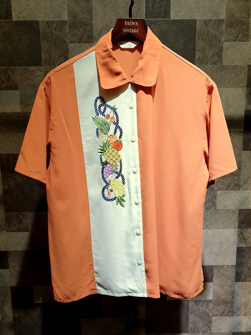 Small Turtle Gege  - トロピカルフルーツ刺繍入り叔母オレンジシャツ - シャツ メンズ - ポリエステル 