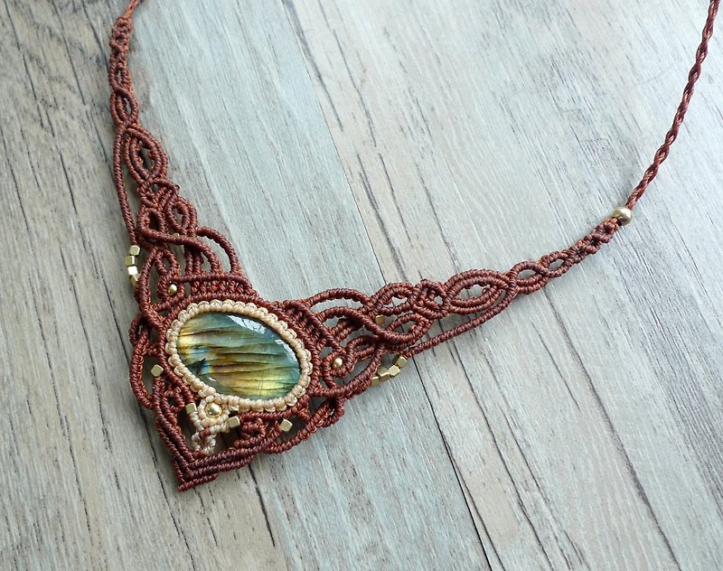 Misssheep-N34 Brown Ethnic Two-tone South American Wax Braided Brass Labradorite Necklace - Necklaces - Other Materials Brown