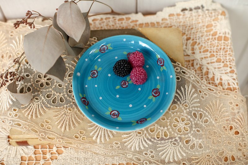【好日戀物】荷蘭vintage 藍色手繪花紋陶瓷點心盤 - 碟子/醬料碟 - 陶 藍色