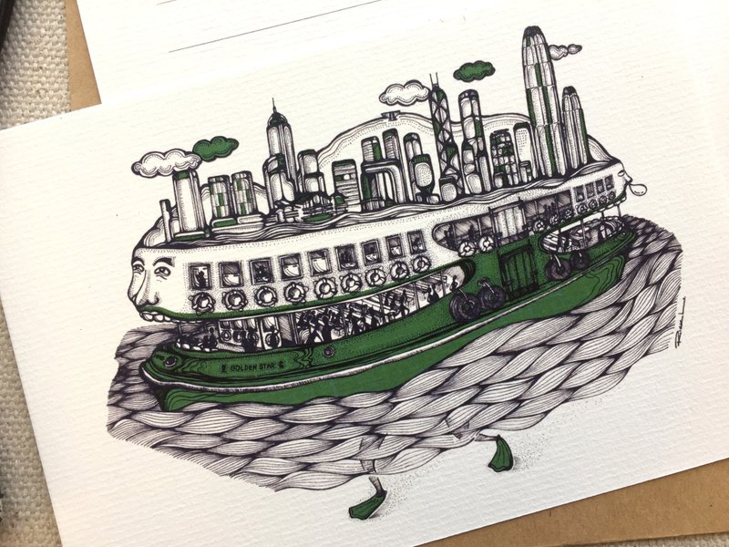 綠色的香港小輪 - 高品質畫作印刷 - 海報/掛畫/掛布 - 紙 