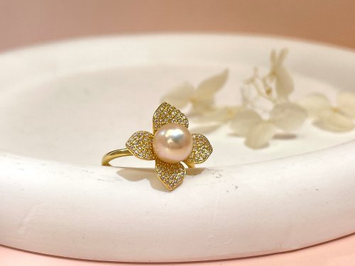 Athena珍珠設計 花朵 天然海水珍珠 akoya 羽黃金 S925銀 滿鑲 戒指