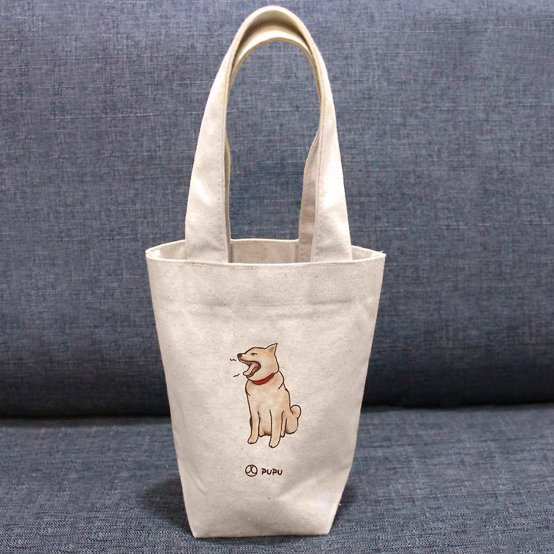 柴犬-打哈欠---台灣製棉麻布-文創柴犬-環保-飲料提袋-蒼蠅星球 - 手袋/手提袋 - 棉．麻 白色