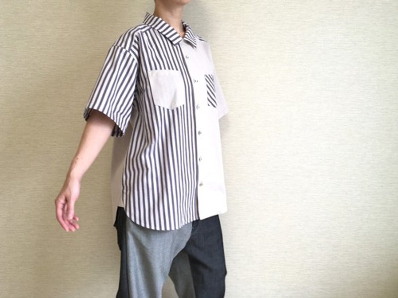 Short-sleeved loose shirt 009/gray stripes x beige - Women's Tops - Cotton & Hemp 