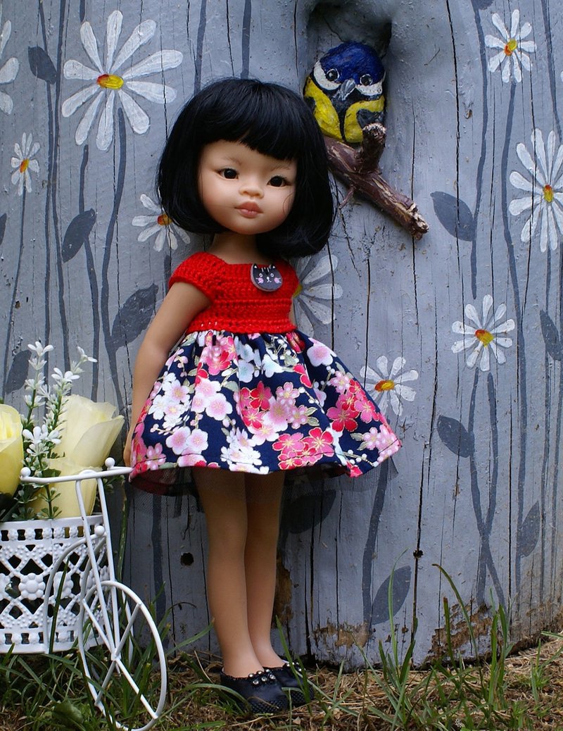 Paola Reina floral black with red dress, dress for Las Amigas 32 cm 13in doll - ตุ๊กตา - ผ้าฝ้าย/ผ้าลินิน สีแดง